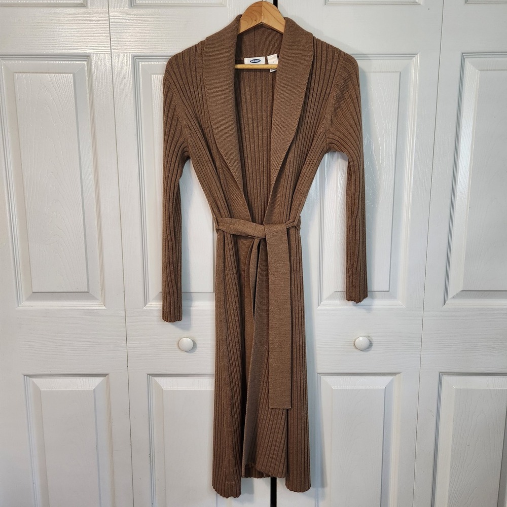 Old Navy Brown Ribbed Wool Blend Duster Cardigan Shawl Collar Belted Medium